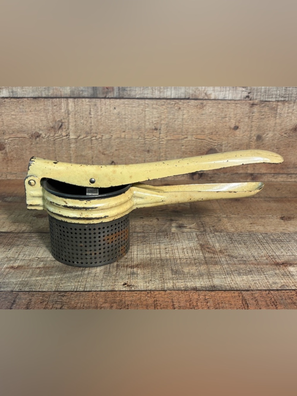 Vintage Potato Ricer Masher Juicer Strainer Metal Hinged Press Yellow Handheld